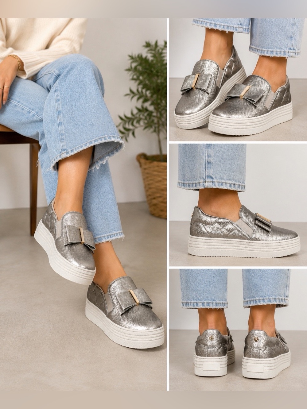 Joy Luxe Genuine Leather Bow Platform Sneakers Orthotic Slip On Pewter‎ 7.5W